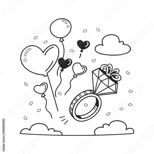 Heart balloons, wedding ring, diamond engagement, love icons, black and white vector