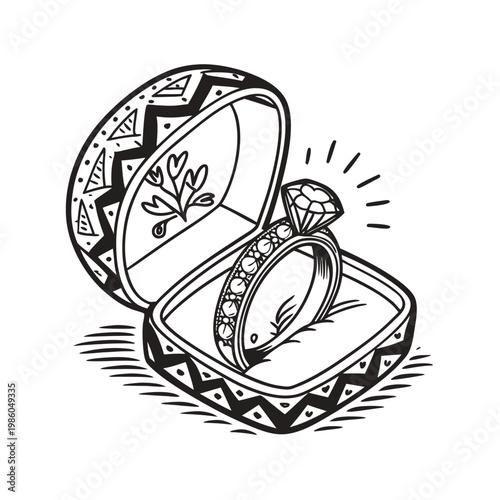 Diamond Engagement Ring, Jewelry Box, Wedding Ring, Black and White Illustration, Vector Graphic