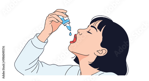 Young woman taking liquid medication or dietary supplement drops from a small dropper into her mouth to improve her health and wellness.