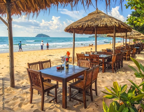 A serene beachside dining area with thatched umbrellas and wooden tables
