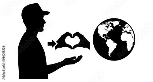 Man in silhouette forms heart shape with hands towards globe during concept of global care