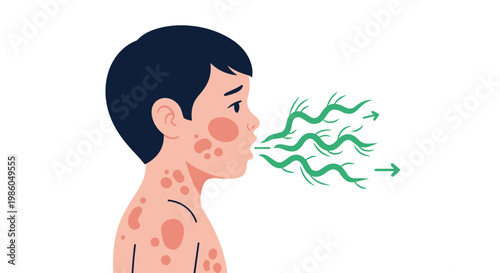 Boy with a red skin rash on his body exhaling green smoke or germs indicating a contagious respiratory illness or viral infection symptoms.