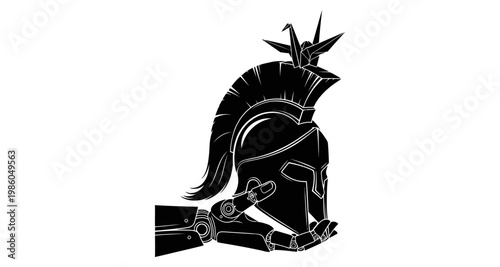 Robot hand holding ancient warrior helmet with origami crane against white background silhouette