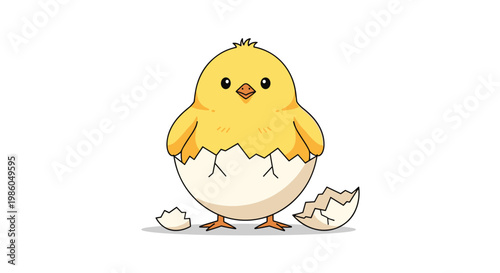Adorable yellow chick just hatched from a white eggshell looking at the world with big eyes on a clean white background for farm themes.