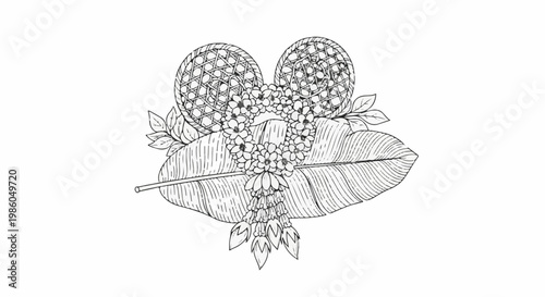 Hand-drawn floral garland with circular woven elements and leaves