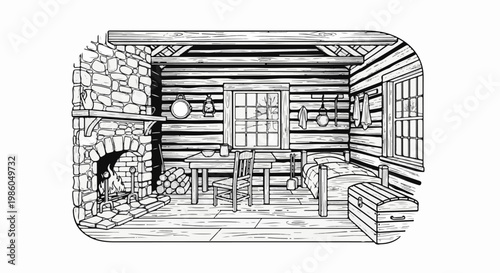Interior of a rustic log cabin with a stone fireplace, bed, and table