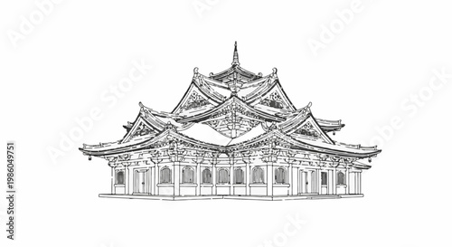Intricate sketch of a traditional East Asian temple with multi-tiered roofs and detailed architectural features
