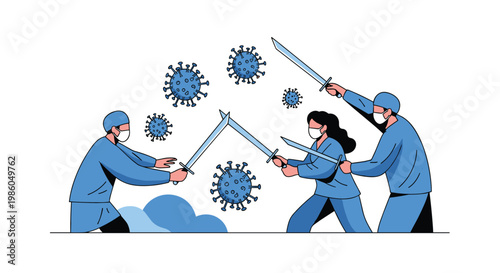Healthcare professionals wearing blue scrubs and masks fighting against giant virus particles using swords to defend public health and safety.
