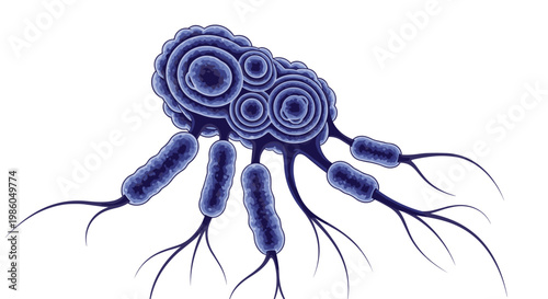 Group of microscopic blue bacteria or germ cells with flagella tails moving together representing biological study or infection concepts.
