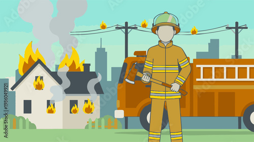 Firefighter standing in front of burning house with a fire truck