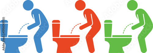 Illustration of three individuals using differently colored toilets in various actions