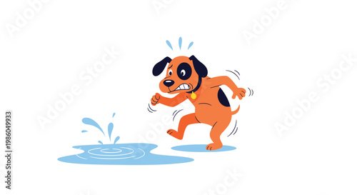 Worried brown dog with a spot on its eye jumping to avoid a splash of water from a puddle on the ground in a playful cartoon illustration.