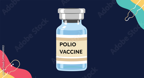 Medical glass vial of polio vaccine with a clear label displayed against a dark blue background with abstract shapes for healthcare use.