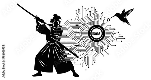 Samurai warrior defending digital data circuit with sword against hummingbird silhouette