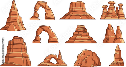 Desert rock formations set, canyon stone arches and mesa buttes icons for wild west, vector illustration