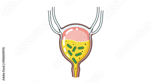 Anatomical diagram of a human bladder filled with yellow urine and containing green bacteria representing a urinary tract infection problem.