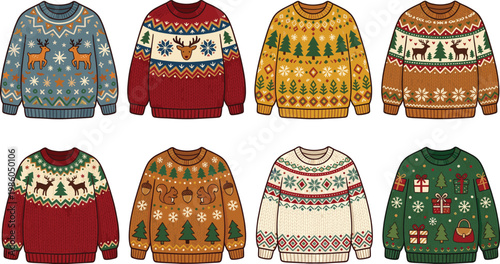 Christmas sweaters with reindeer and snowflakes, festive vector illustration