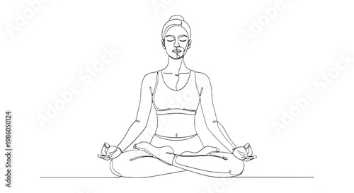 yoga, woman meditating, line art, minimalist illustration, fitness, wellness, vector
