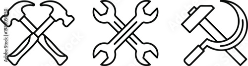 Set of crossed hand tool icons including hammers, wrenches, and hammer with sickle line art illustration.