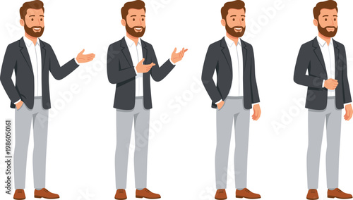 Successful businessman character set, male entrepreneur in smart casual suit poses for presentation, vector illustration