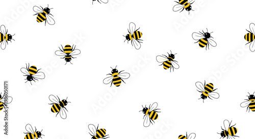 Seamless pattern of cute yellow and black honey bees flying in different directions against a clean white background for textile designs.