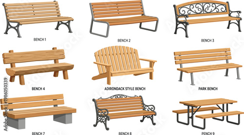 Wooden park bench collection set, outdoor garden seating and picnic table icons, vector illustration