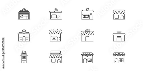 Shops and retail storefront outline icons set