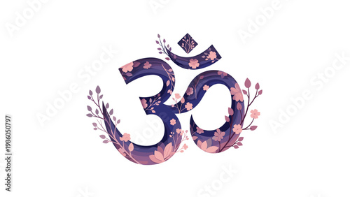 Sacred Om symbol elegantly decorated with soft pink cherry blossoms and delicate branches representing peace and spirituality.