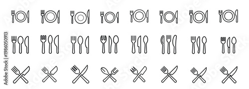 Restaurant and food service web line icons set featuring dinner plate fork knife spoon trio kitchen tableware cooking tools chef hat menu symbols and more Vector Illustration with editable stroke