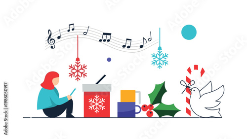 Cozy winter scene illustration featuring a person sitting by a gift box with music notes, snowflakes, and holiday decorations.
