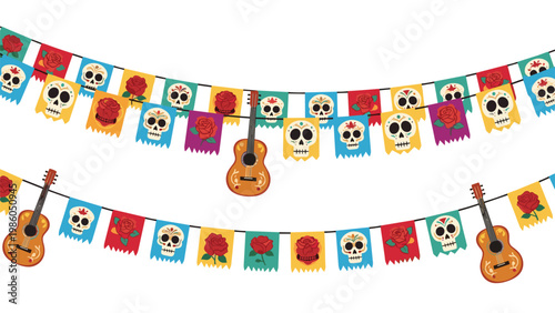 Festive Day of the Dead decoration featuring strings of colorful papel picado bunting with sugar skulls and guitars.