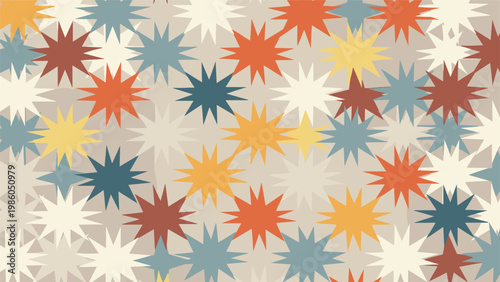 Abstract pattern featuring a variety of multi-pointed star shapes in muted tones of blue, orange, yellow, and beige.