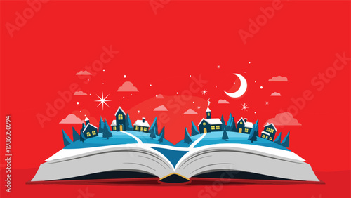 Enchanting illustration of a winter village pop-up book scene with snow-covered houses and trees under a crescent moon.
