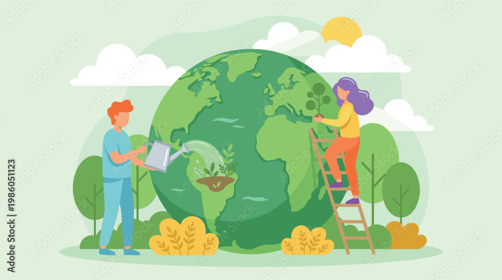 Naklejka premium People caring for the planet, watering plants and planting trees on a green globe illustration
