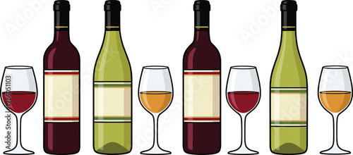 Red and white wine bottles with glasses set, alcohol beverage celebration and winery icons, vector illustration