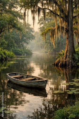 small boat on a misty river with trees and fog