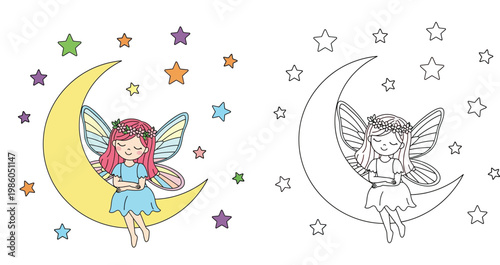 Cute fairy sitting on a crescent moon. Coloring book page for kids with color reference. Kawaii cartoon girl with wings and stars vector illustration.