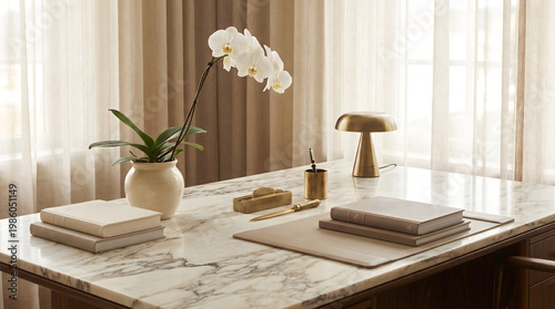 Elegant Executive Desk with Orchid and Brass Lamp, Neutral Tones, Soft Lighting