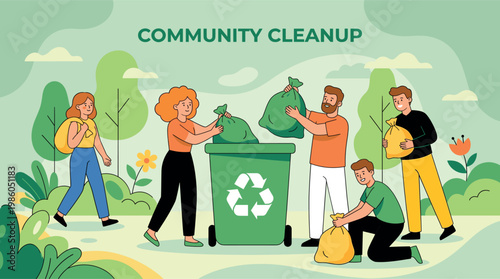 Group of volunteers cleaning up park, collecting trash in bags, community cleanup concept illustration