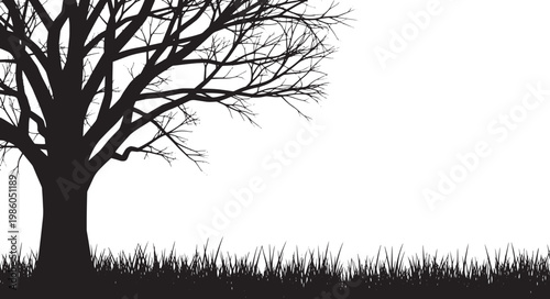 Stylized Silhouette of a Bare Winter Tree with Detailed Branches and Lush Grass Against a Clean White Background, Representing Nature's Serenity and Seasonal Transition