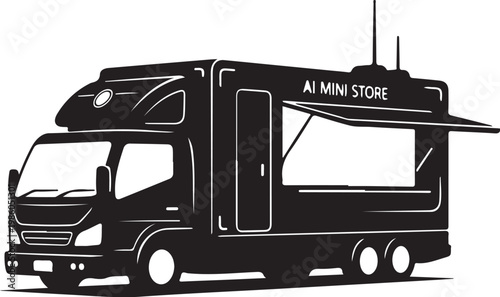 Black, food truck, mini store, AI-powered, vector illustration, modern design
