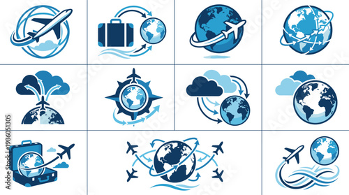 Set of travel and tourism icons with airplanes, globes, and suitcases