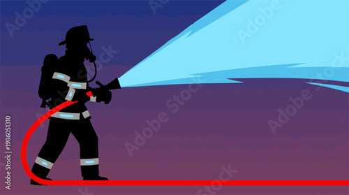 Firefighter silhouette spraying water with hose in emergency