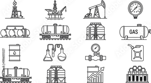 Oil and gas industry icons set, vector illustration of petroleum production, storage and transportation