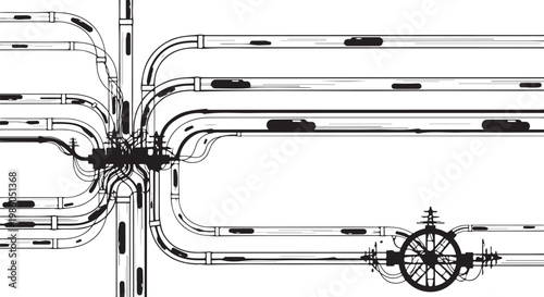 Industrial pipe, tubing, and valve system, mechanical engineering, black and white vector illustration