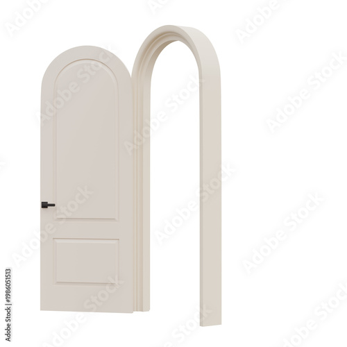 Foto Arched interior door with beige wooden panel and frame, open outward state, isolated, angled side view, representing access, transition, and modern residential interior design