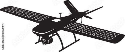 Solar powered drone, black vector icon, renewable energy aircraft, eco friendly design