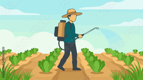 Farmer spraying pesticides on vegetable crops in a farm field