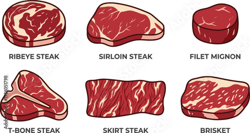 Beef steak cuts collection set, ribeye sirloin filet mignon t-bone and brisket icons, vector illustration