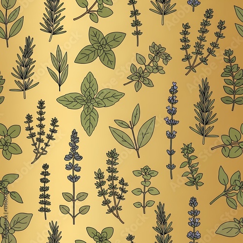 Herbs and plants on gold background